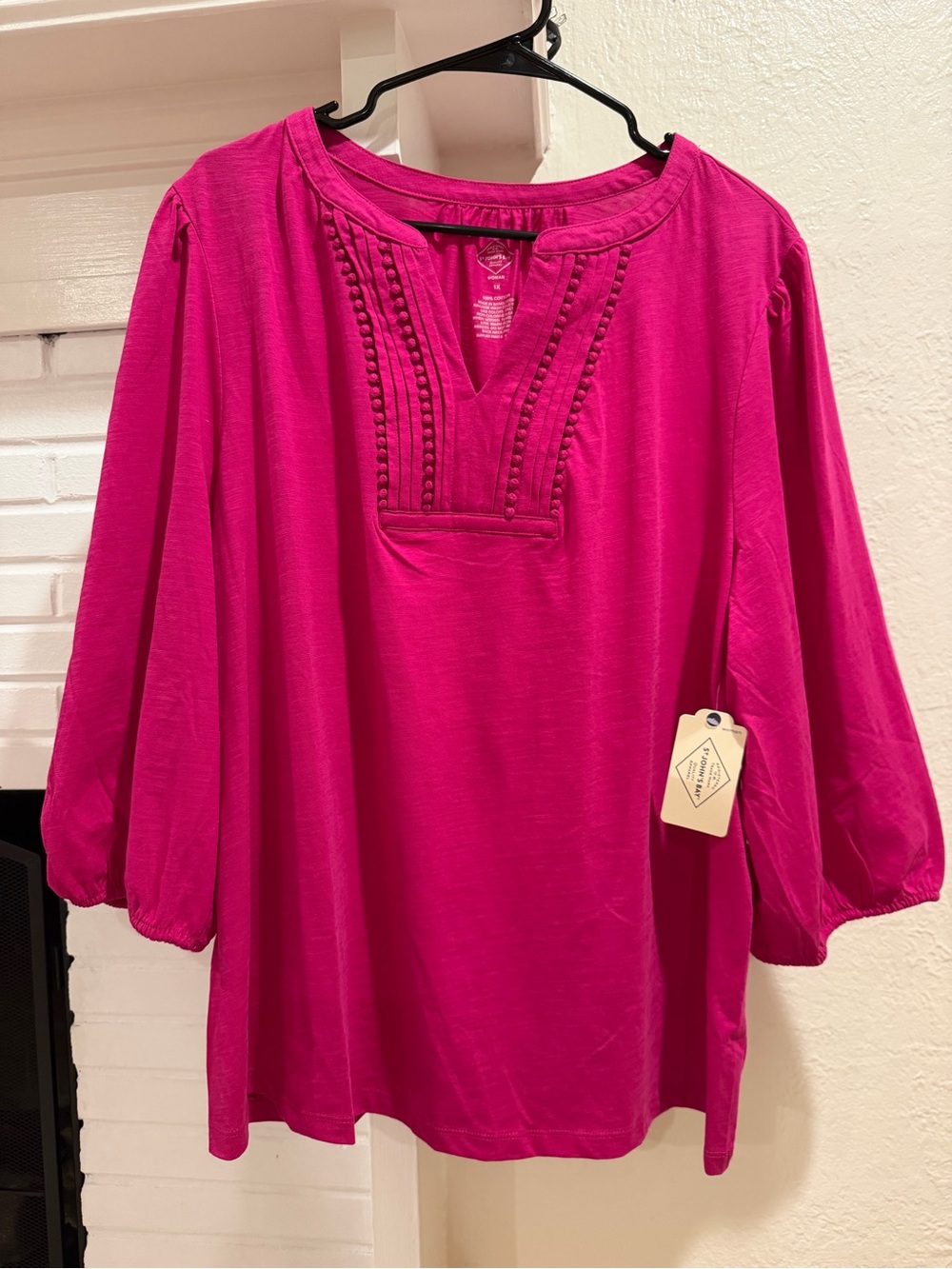 St. John's Bay Fuchsia Embroidered Split-Neck Tunic Top size 1X 100% Cotton